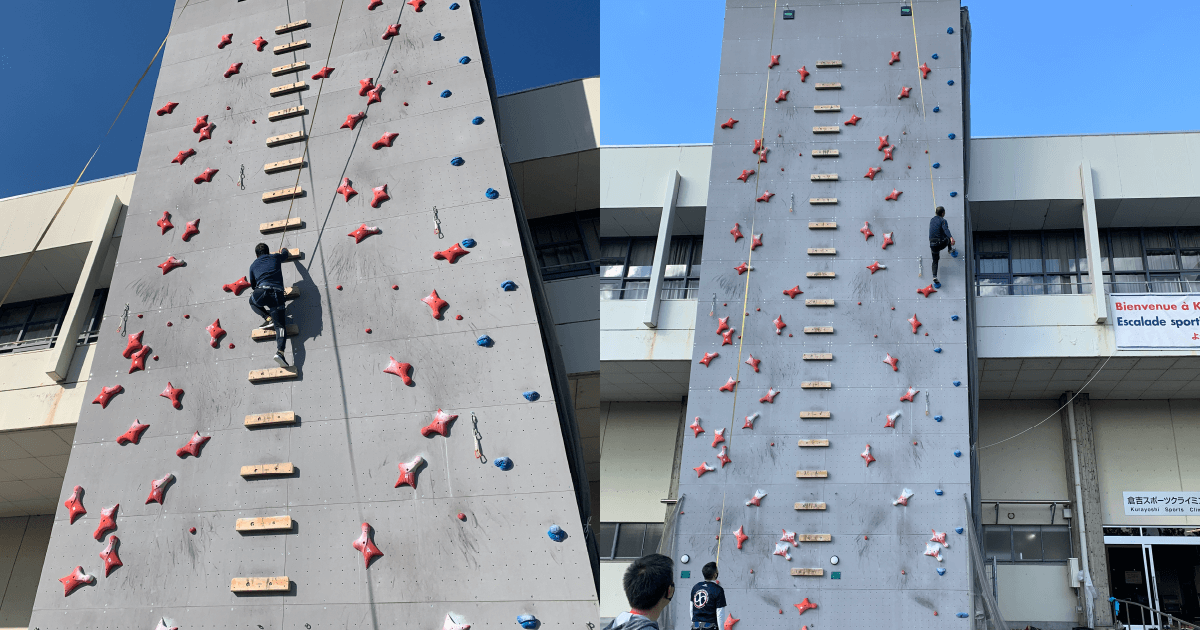 倉吉市にあるスピード壁を登る青年部会員
